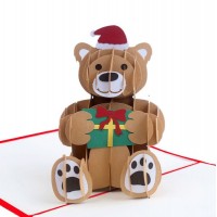 Handmade 3D Pop Up Christmas Card Brown Teddy Bear Red Bow Gift Seasonal Festival Greeting Card Friendship Love Xmas Spirit Merry Christmas
